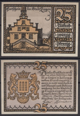 Линген 25 пфеннигов 1921 без типографии на аверсе DeNG 2 803.2b бумага UNC (пресс) 8608-18-2-2