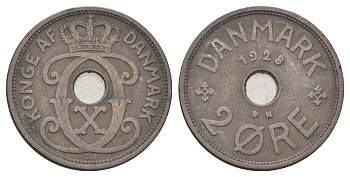Дания 2 эре 1928 N, Кристиан X (1912-1947) KM 827 бронза 4701-666