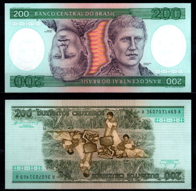 Бразилия 200 крузейро ND (1981-1984) Pick 199 b бумага UNC (пресс) 7191-33-2-2