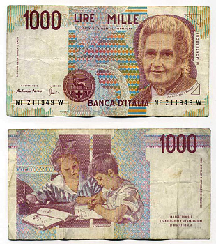 Италия 1000 лир 1990 Мария Монтессори Pick 114c 70-40-3-2