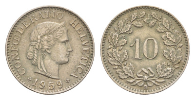 Швейцария 10 раппенов 1959 B KM 27 медно-никель 4643-344