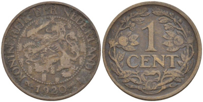 НИДЕРЛАНДЫ 1 ЦЕНТ 1920 ВИЛЬГЕЛЬМИНА I (1891-1948) KM 152 бронза 4532-445