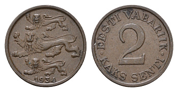 Эстония 2 сентов 1934 год-тип KM 15 бронза 35-748