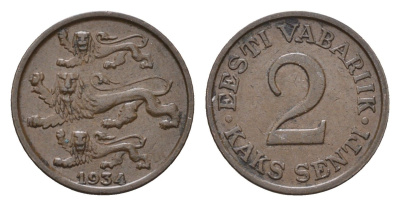 Эстония 2 сентов 1934 год-тип KM 15 бронза 35-748