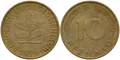 ФРГ 10 пфеннигов 1976 D J. 383, KM 108 сталь плакированная латунью    4603-425