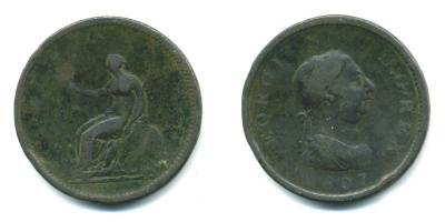 Великобритания 1 пенни 1807 Георг III (1760-1820) KM 663 медь 00-00