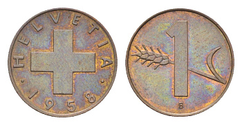Швейцария 1 раппен 1958 B KM 46 бронза UNC 4708-246