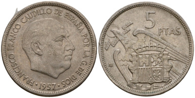 Испания 5 песет 1957 (69) Франсиско Франко (1939-1975) KM 786 медно-никель 186-656