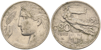 Италия 20 чентезимо 1922 R, Виктор Эммануил (1900-1946) KM 44 никель 4116-1256
