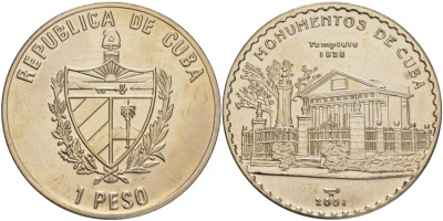 Куба 1 песо 2001 серия монументы Кубы, ЧАСОВНЯ ЭЛЬ-ТЕМПЛЕТЕ (EL TEMPLATE), ГАВАНА KM 851 медно-никель UNC M27-19