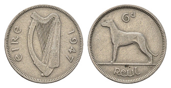 Ирландия 6 пенсов 1947 собака, ирландский волкодав KM 13a медно-никель 3851-1168