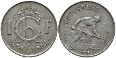 ЛЮКСЕМБУРГ 1 ФРАНК 1953 СТАЛЕВАР KM 46.2 медно-никель 113-535