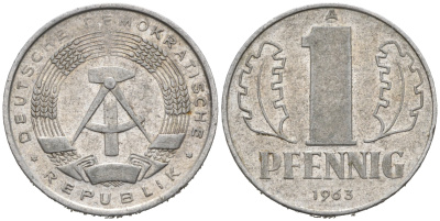 ГДР 1 ПФЕННИГ 1962 А KM 8.1 алюминий 75-1259
