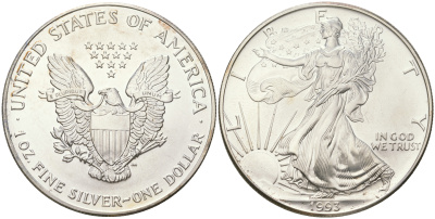 США 1 доллар 1993 шагающая свобода KM 273 серебро UNC   4552-713