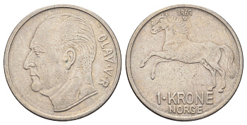 Норвегия 1 крона 1969 лошадь, Улаф V (1957-1991) KM 409 медно-никель 4700-746