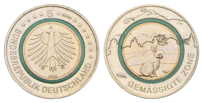 Германия 5 евро 2019 A, Умеренная зона KM 380 триметалл UNC 4693-922