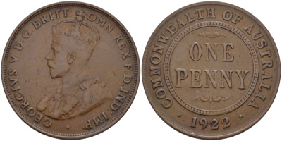 АВСТРАЛИЯ 1 ПЕННИ 1922 ГЕОРГ V KM 23 бронза 82-715