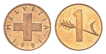 Швейцария 1 раппен 1981 KM 46 бронза UNC 4708-265