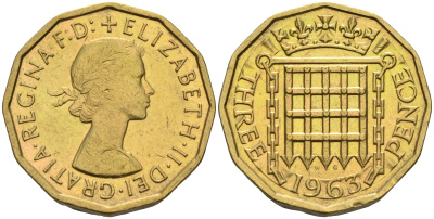 Великобритания 3 пенса 1963 Елизавета II (1952-2022) KM 900, Spink 4153 никель латунь 4592-425
