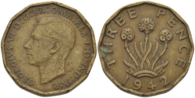 Великобритания 3 пенса 1942 Георг VI (1936-1952) KM 849, Spink 4112 никель латунь 28-312