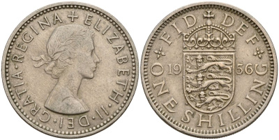 Великобритания 1 шиллинг 1956 Елизавета II (1952-2022), Английский герб KM 904, Spink 4147 медно-никель 4150-736