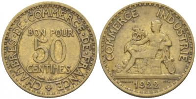 Франция 50 сантимов 1922 тип Chambre de Commerce KM 884, Le Franc 191.5 алюминиевая бронза 3309-146