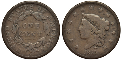 США 1 цент 1835 большой формат, coronet  медь 1530-312