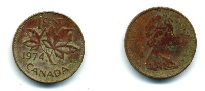 Канада 1 цент 1974 Елизавета II (1952-2022), кленовый лист KM 59.1 бронза 37-251