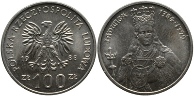 Польша 100 злотых 1988 MW, серия Польские правители, королева Ядвига (1384-1399) KM 183 медно-никель UNC 1526-1031