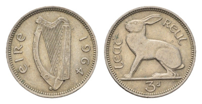 Ирландия 3 пенса 1964 заяц KM 12a медно-никель 4696-461
