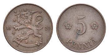 Финляндия 5 пенни 1920 KM 22 медь 4705-666