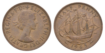 Великобритания 1/2 пенни 1965 Елизавета II (1952-2022) KM 896, Spink 4158 бронза 4662-1244