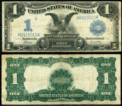 США 1 доллар 1899 серебряный сертификат, голубая серия, орел, подписи Elliott, White Pick 338 c (7)  бумага   451-375-1-2