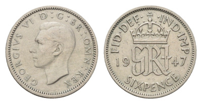 Великобритания 6 пенсов 1947 Георг VI (1936-1952) KM 862, Spink 4105 медно-никель 4651-1048