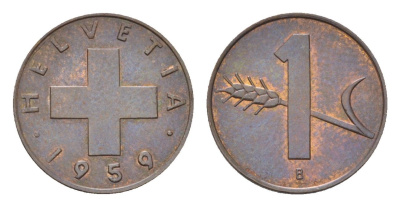 Швейцария 1 раппен 1959 B KM 46 бронза UNC 4708-247