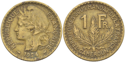 Французский Камерун 1 франк 1924 (а), монетный двор Париж KM 2 алюминиевая бронза 29-216