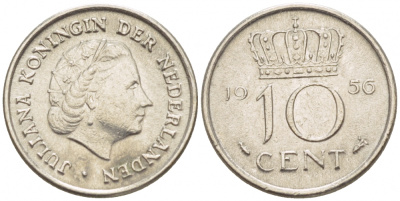 НИДЕРЛАНДЫ 10 ЦЕНТОВ 1956 ЮЛИАНА KM 182 никель 4547-827