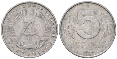 ГДР 5 пфеннигов 1968 А KM 9.1 алюминий 4625-158