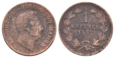 Баден 1 крейцер 1852 Леопольд I (1830-1852) KM 218.1, ASK 107 медь 4708-522