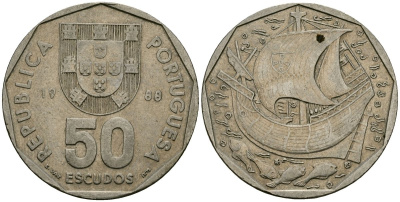 Португалия 50 эскудо 1988 парусник KM 636 медно-никель 4120-1021