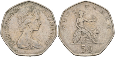 Великобритания 50 пенсов 1969 Елизавета II (1952-2022) KM 913, Spink 4223 (H1) медно-никель    59-223