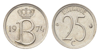 Бельгия 25 сантимов 1974 Belgique, Бодуэн I (1951-1993) KM 153 медно-никель 4705-343