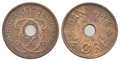 Дания 2 эре 1936 N, Кристиан X (1912-1947) KM 827 бронза 4701-832