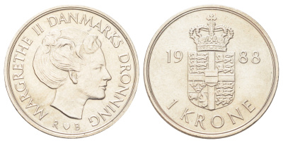 Дания 1 крона 1988 R;B, Маргрете II (1972-2024) KM 862 медно-никель UNC 190-742