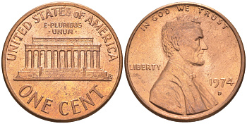 США 1 ЦЕНТ 1974 D, ЛИНКОЛЬН KM 201 медь цинк 188-163