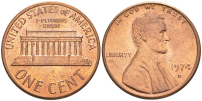США 1 ЦЕНТ 1974 D, ЛИНКОЛЬН KM 201 медь цинк 188-163