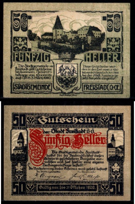 Австрия, Фрайштадт 50 геллеров 1920 Jaksc/Pick JPR0212-50 бумага 2193-6-4-1