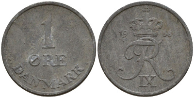Дания 1 эре 1958 C;S, Фредерик IX (1947-1972) KM 839.2 цинк 4152-465