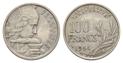 Франция 100 франков 1954 KM 919 медно-никель 4543-615