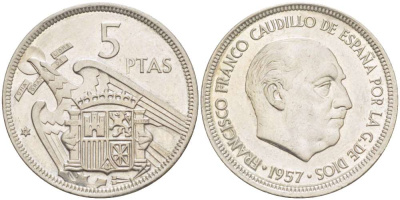 Испания 5 песет 1957 (75) Франциско Франко (1939-1975) KM 786 медно-никель 4519-925